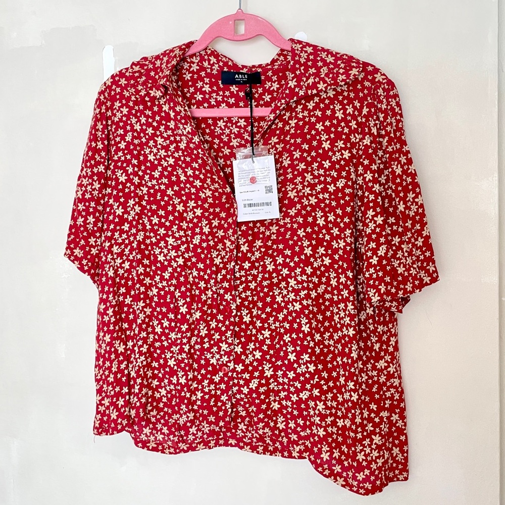 NWT ABLE Red Button-up Blouse with Yellow Flowers & Frilly Collar (Edith Blouse)